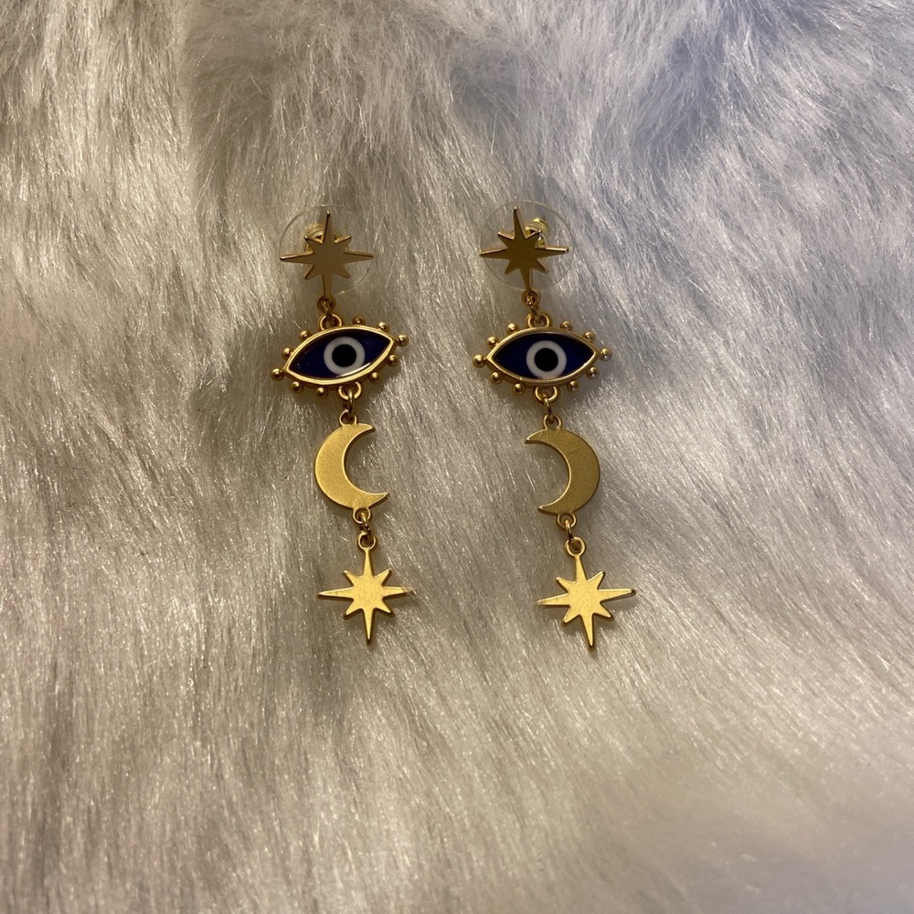 Gold celestial Evil eye Moon stars drop earrings